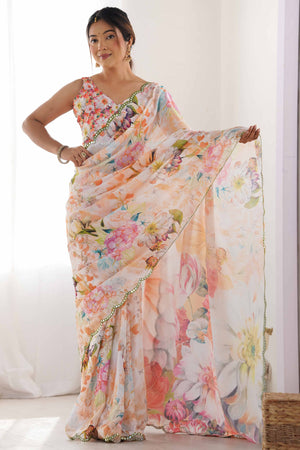 Off White Floral Printed Chinon Saree
