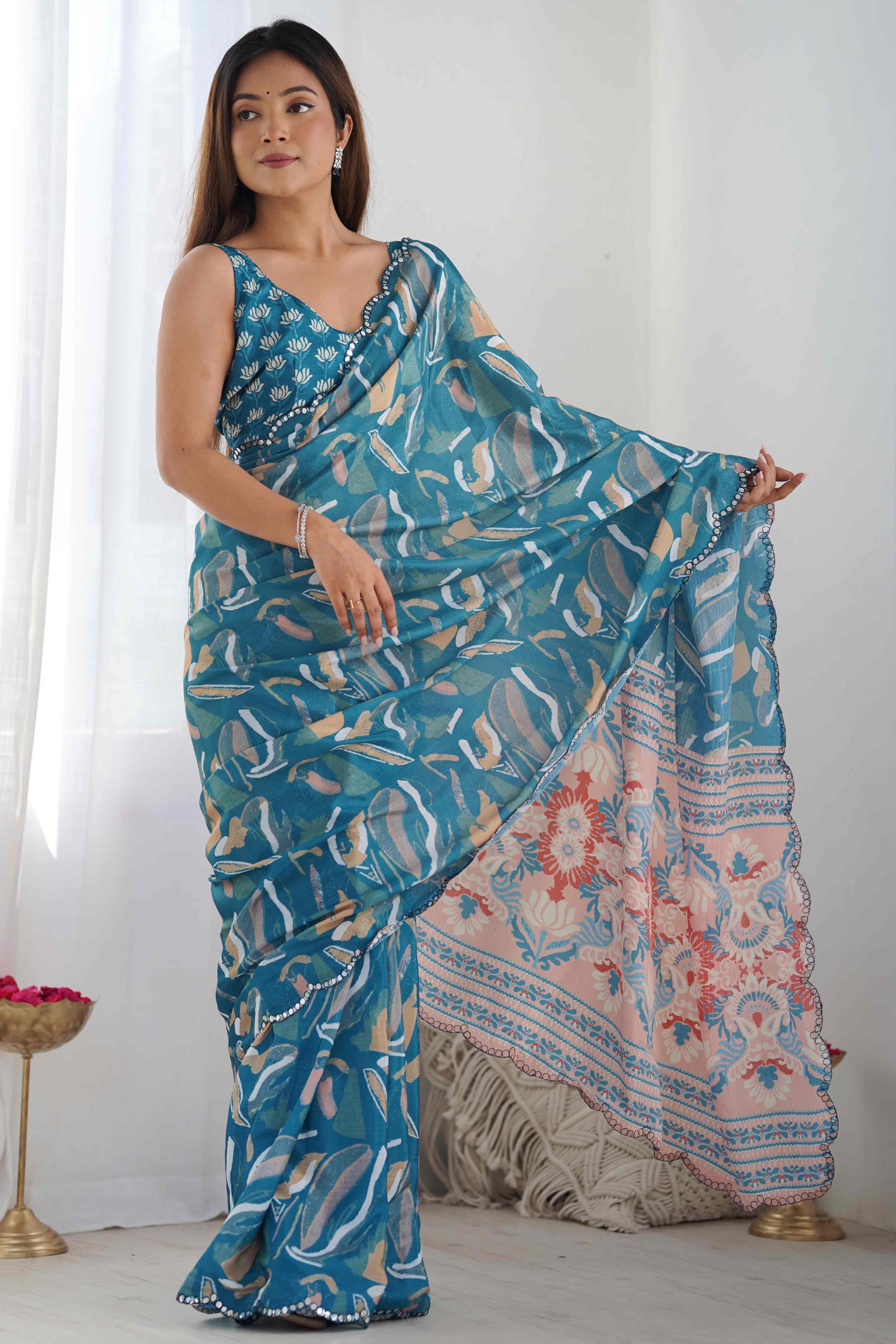 Light Teal Floral Printed Chinon Saree