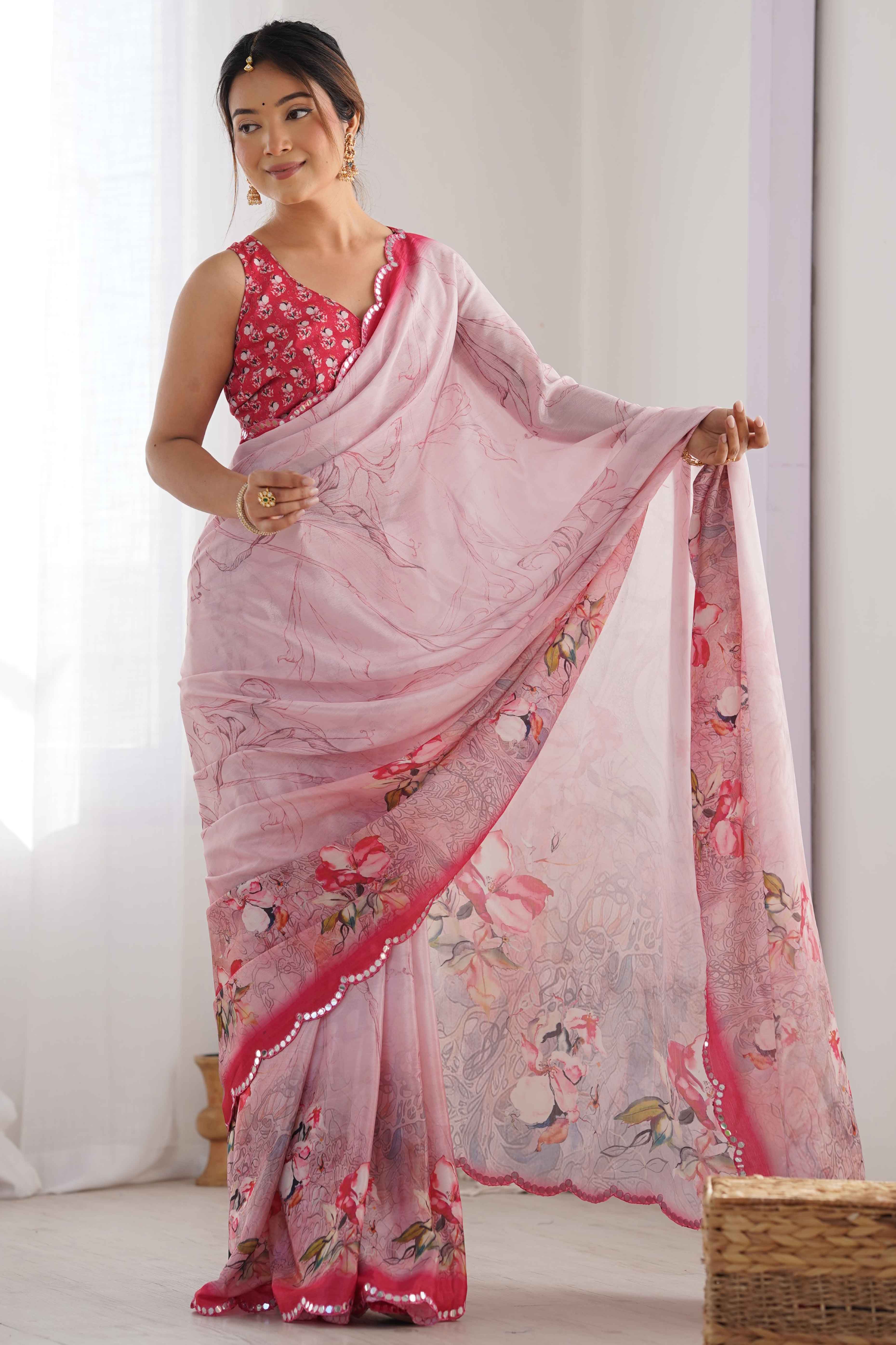 Baby Pink Floral Printed Chinon Saree