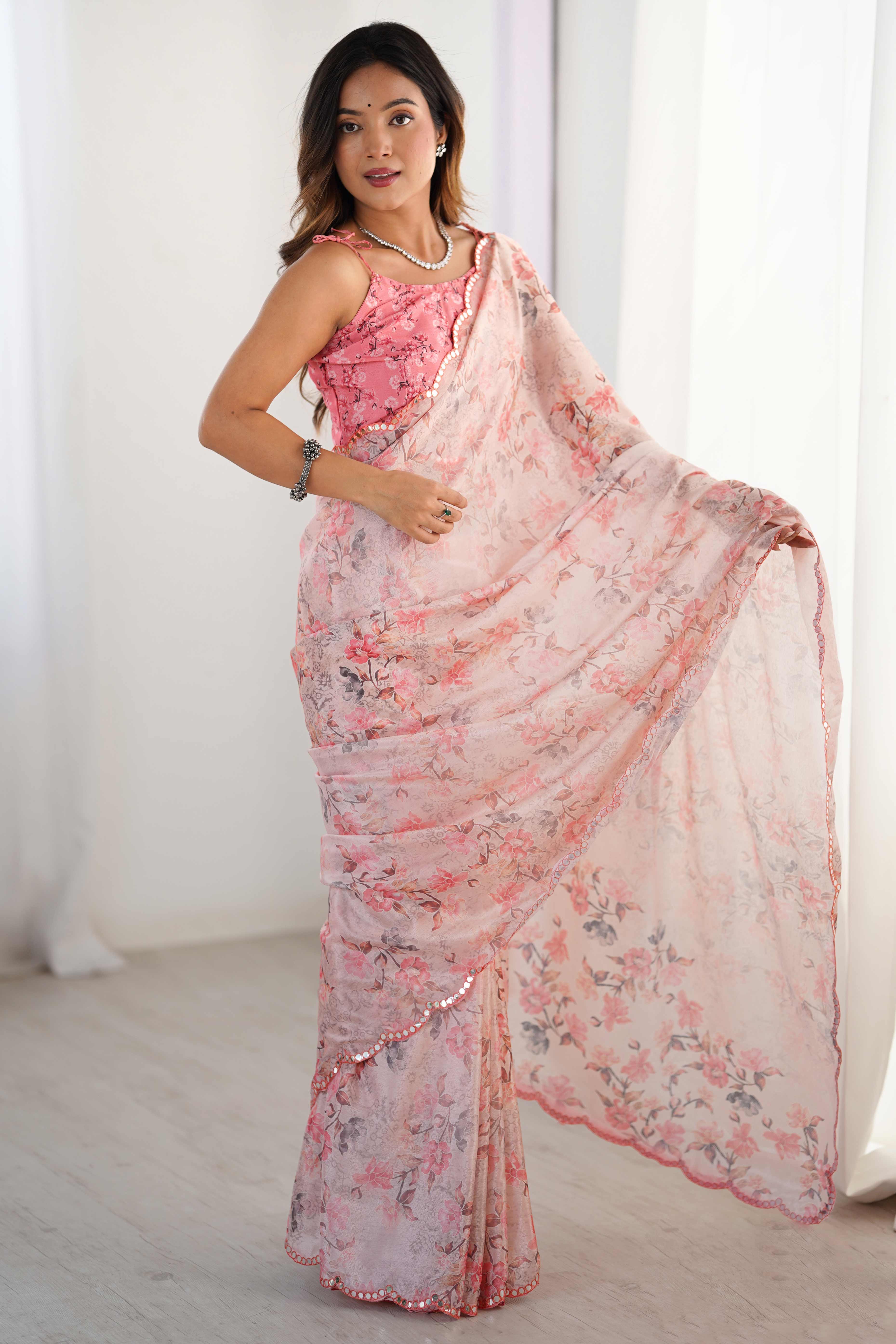 Pink Floral Printed Chinon Saree with Shimmering Mirror Detailing