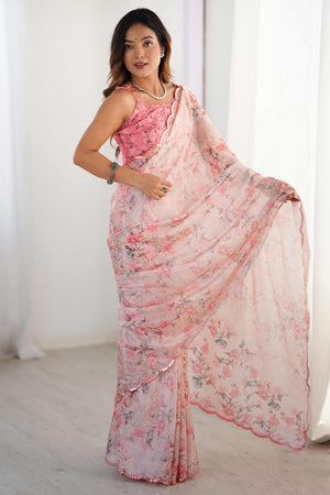 Pink Floral Printed Chinon Saree with Shimmering Mirror Detailing