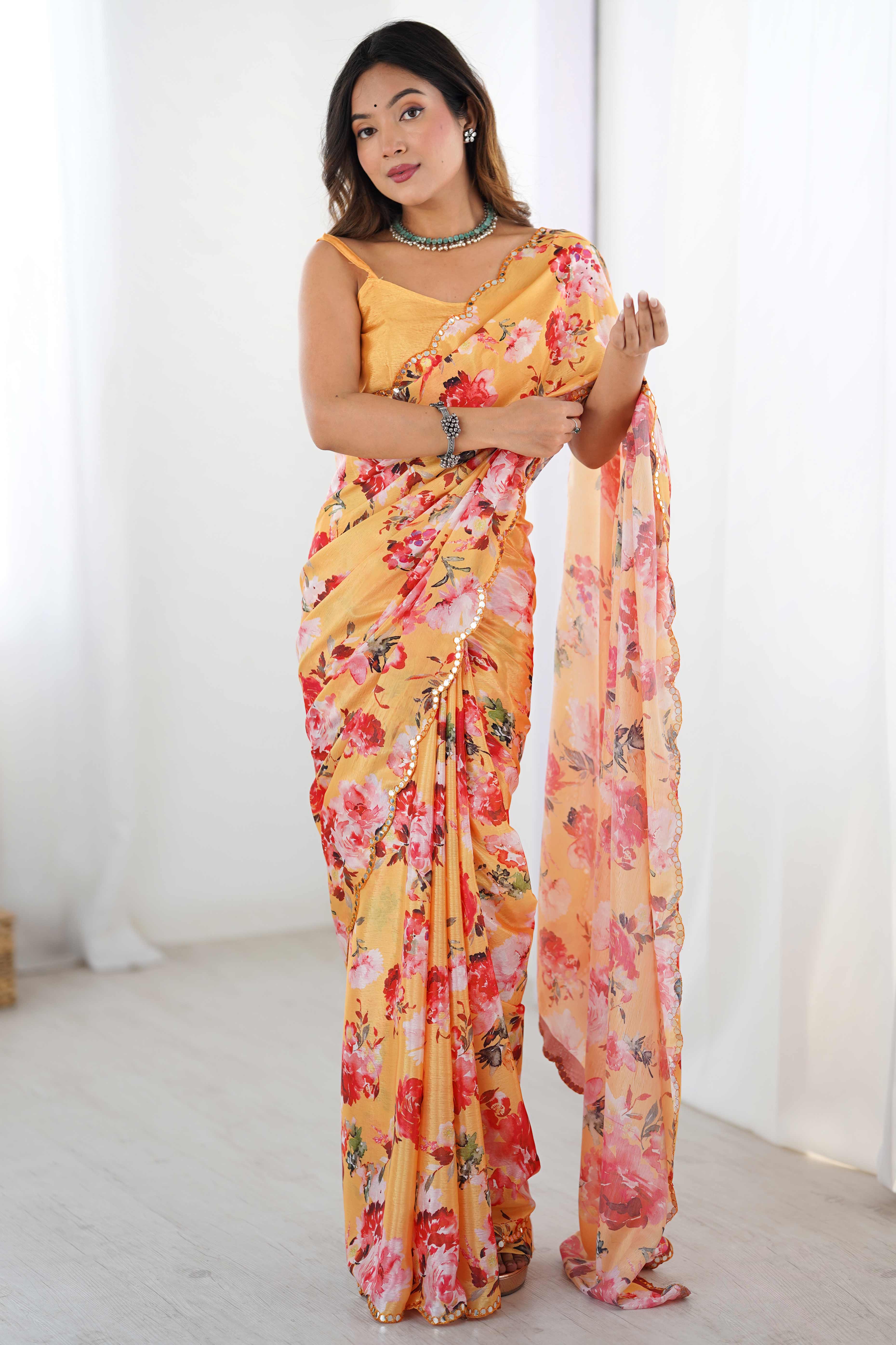 Orange Floral Printed Chinon Saree with Shimmering Mirror Detailing