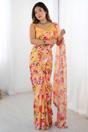Orange Floral Printed Chinon Saree with Shimmering Mirror Detailing