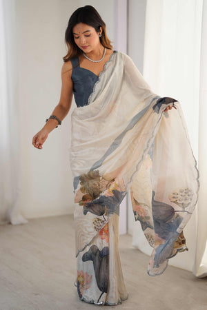 Off White Floral Printed Chinon Saree With Shimmering Mirror Detailing
