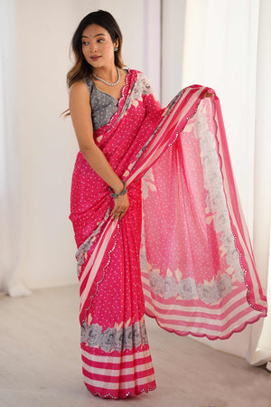 Pink Floral Printed Chinon Saree With Shimmering Mirror Detailing