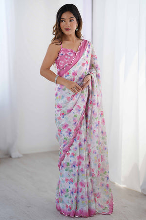 White Floral Printed Chinon Saree With Shimmering Mirror Detailing