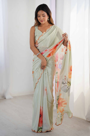 Light Pista Green Chinon Saree with Glimmering Mirror Work and Floral Prints