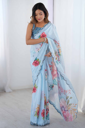 Sky Blue Chinon Saree with Glimmering Mirror Work and Floral Prints
