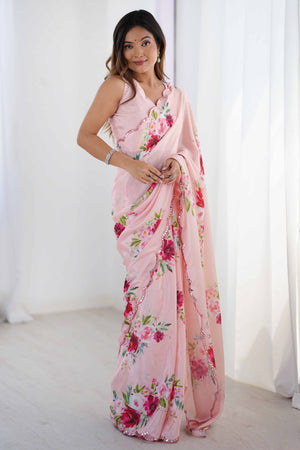 Pink Chinon Saree with Glimmering Mirror Work and Floral Prints