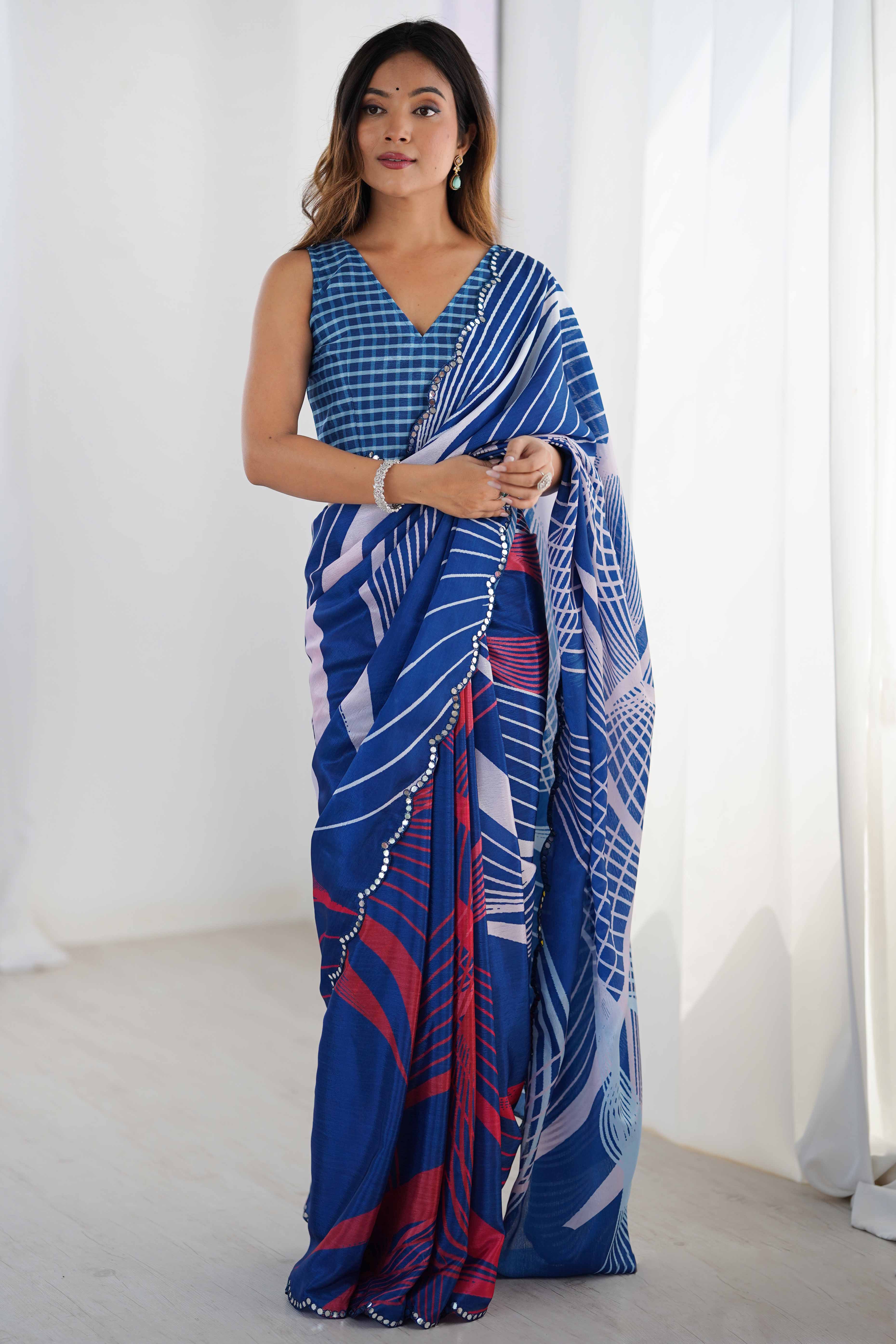 Blue Chinon Saree with Glimmering Mirror Work and Floral Prints