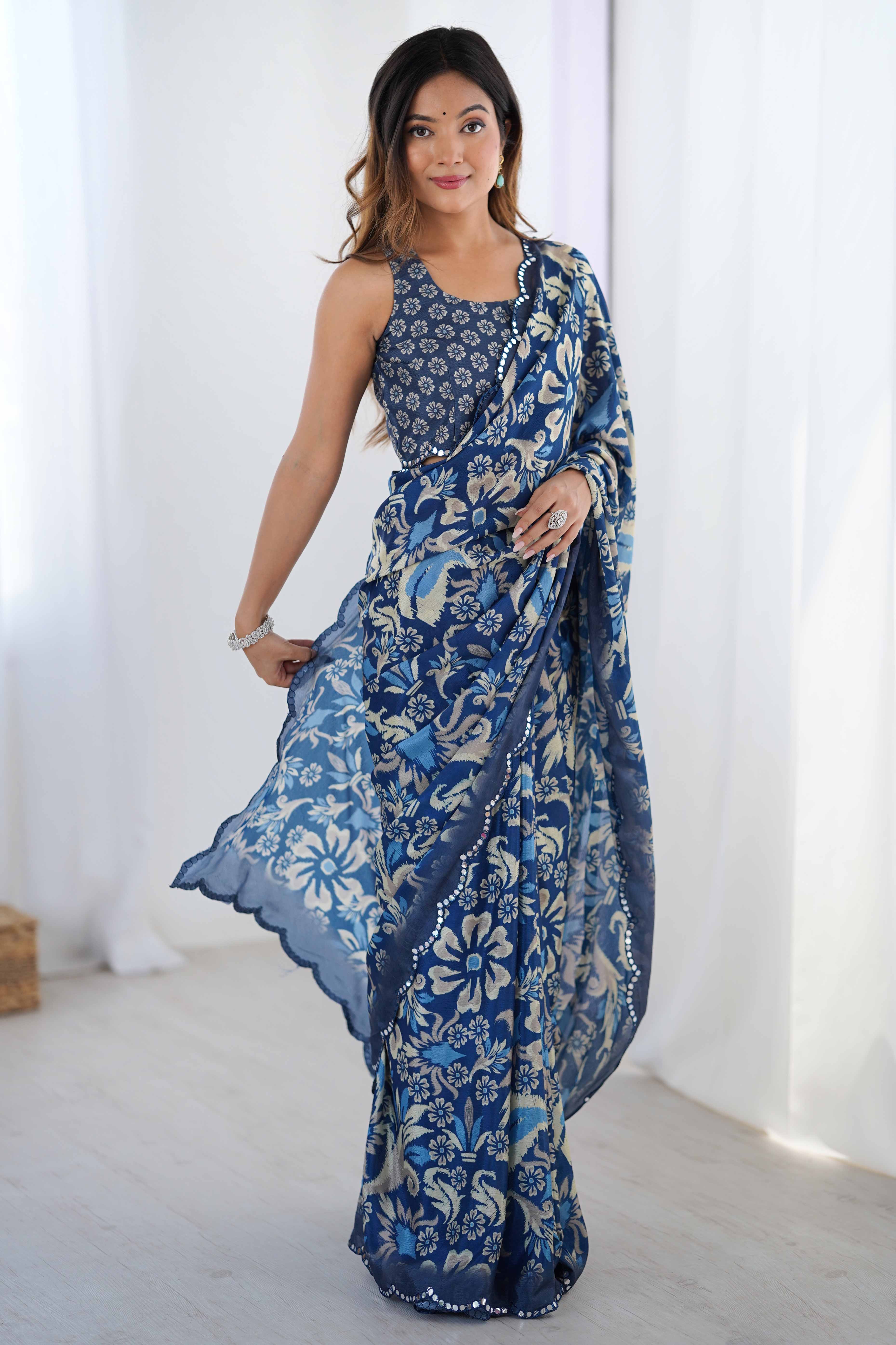 Blue Chinon Saree with Glimmering Mirror Work and Floral Prints