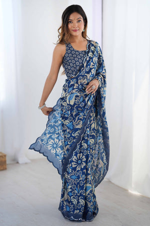 Blue Chinon Saree with Glimmering Mirror Work and Floral Prints