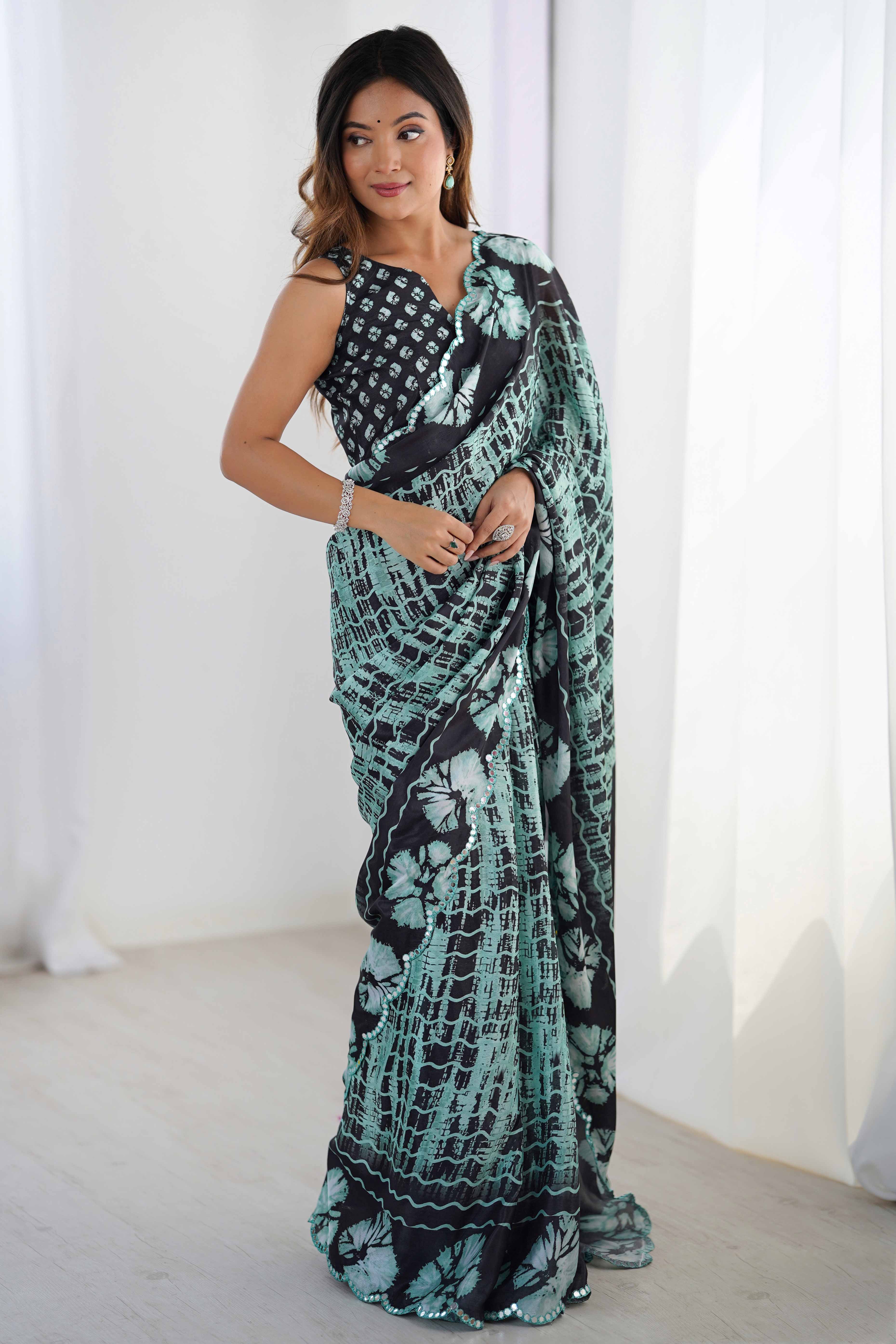 Sea Green & Black Chinon Saree with Glimmering Kutchi Mirror Work and Print
