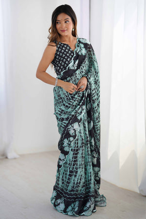 Sea Green & Black Chinon Saree with Glimmering Kutchi Mirror Work and Print
