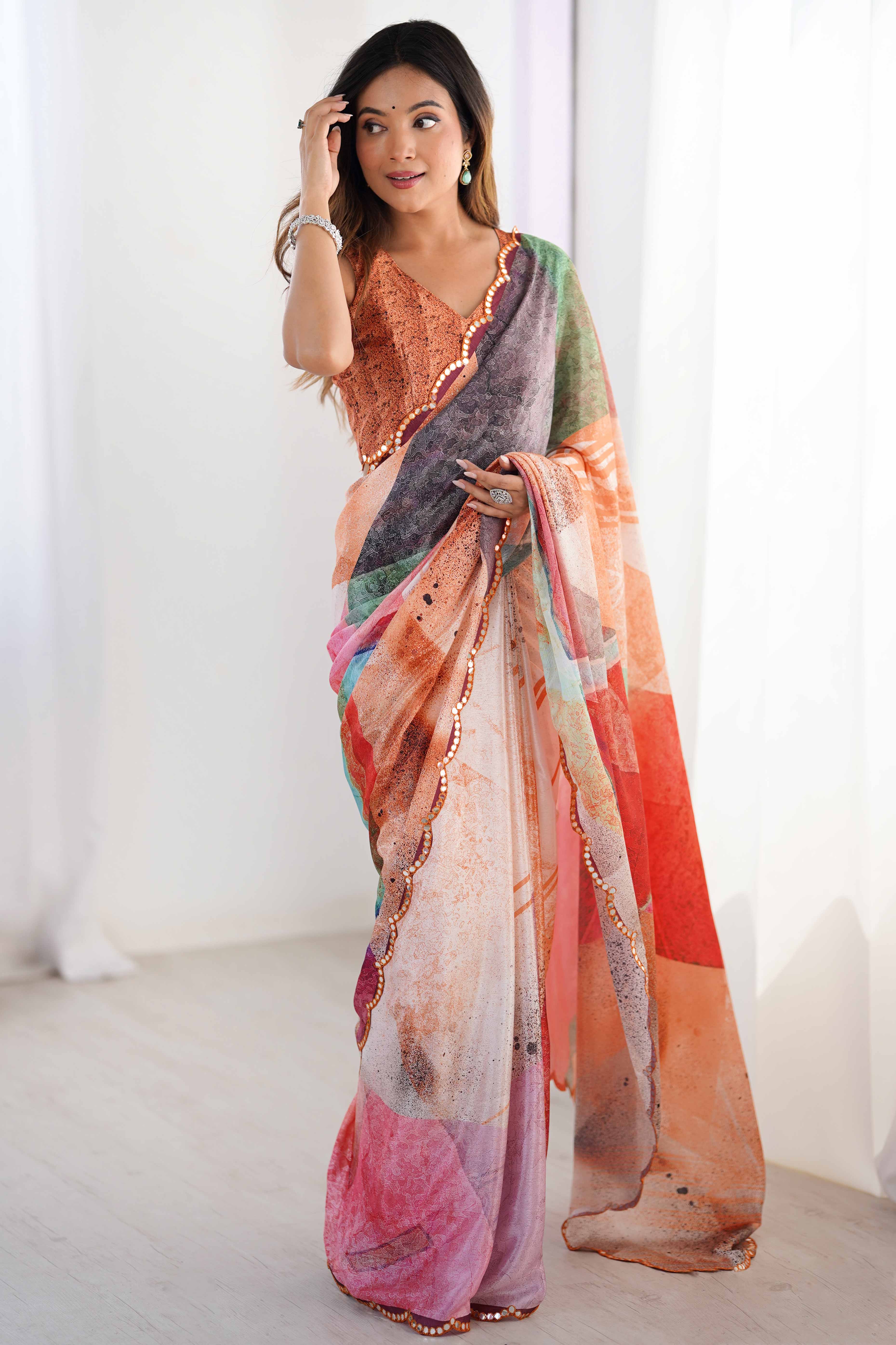 Multicolor Chinon Saree with Glimmering Kutchi Mirror Work and Print