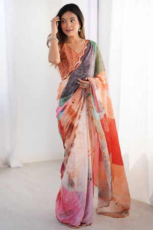 Multicolor Chinon Saree with Glimmering Kutchi Mirror Work and Print