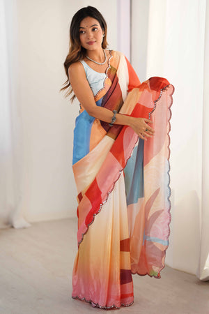 Multicolor Chinon Saree with Glimmering Kutchi Mirror Work and Print