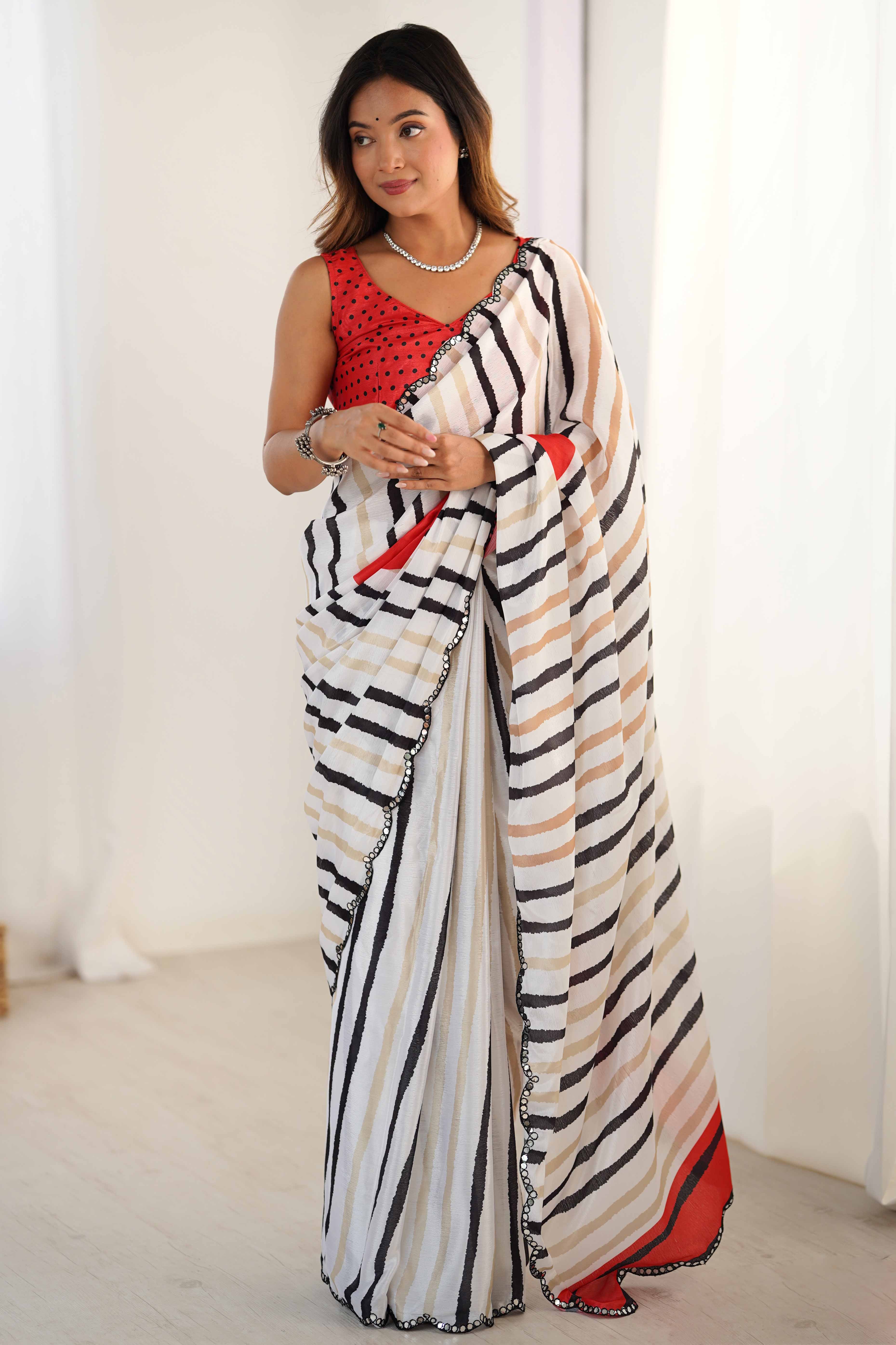 White & Black Chinon Saree with Glimmering Kutchi Mirror Work and Print