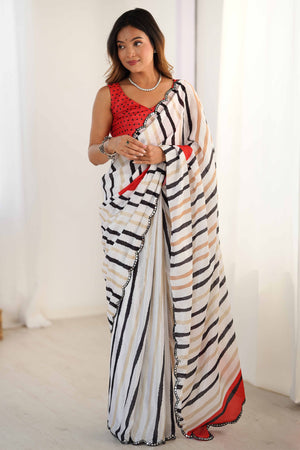 White & Black Chinon Saree with Glimmering Kutchi Mirror Work and Print