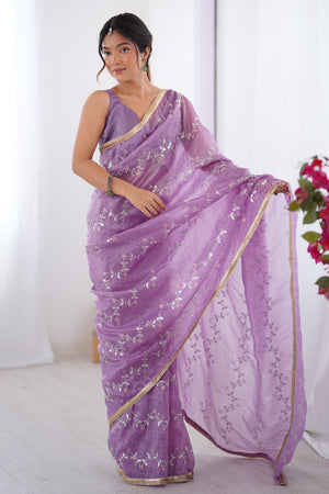 Dazzling Lavender Organza Saree Accented with Sequin, Bead & Stone Work and Delicate Lace Detailing