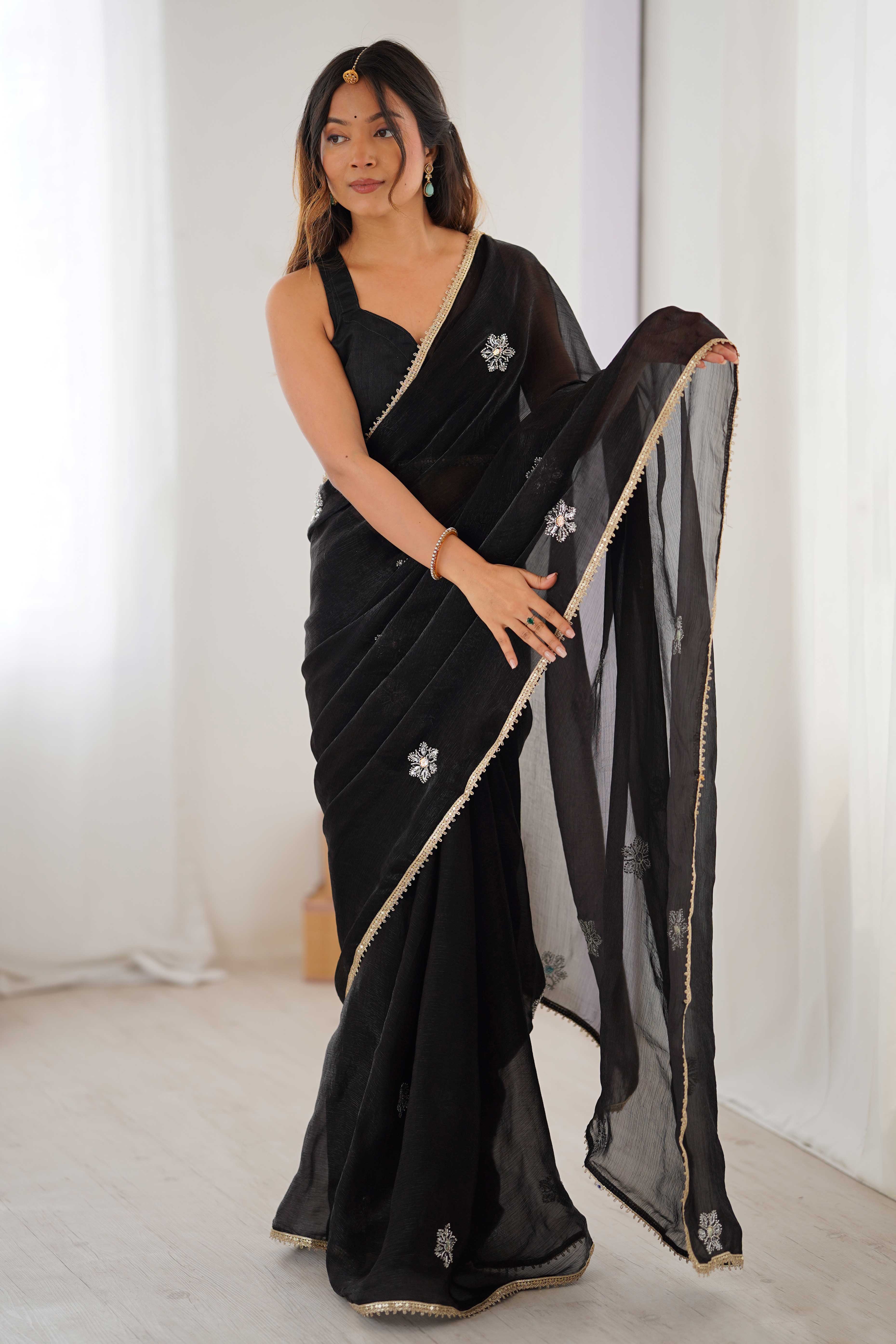 Black Organza Saree Embellished with Intricate Floral Work and Elegant Lace Detailing