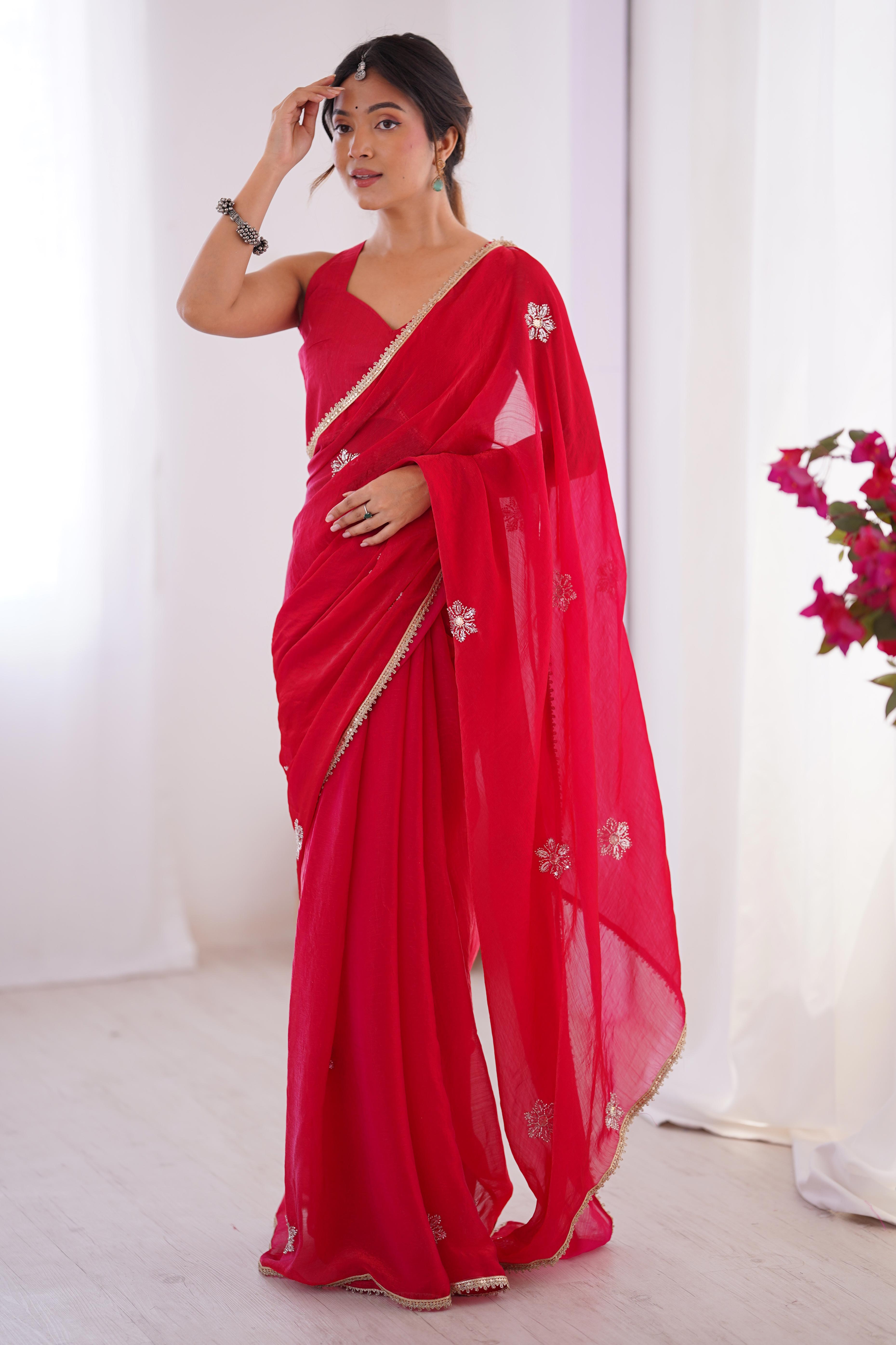 Red Organza Saree Embellished with Intricate Floral Work and Elegant Lace Detailing