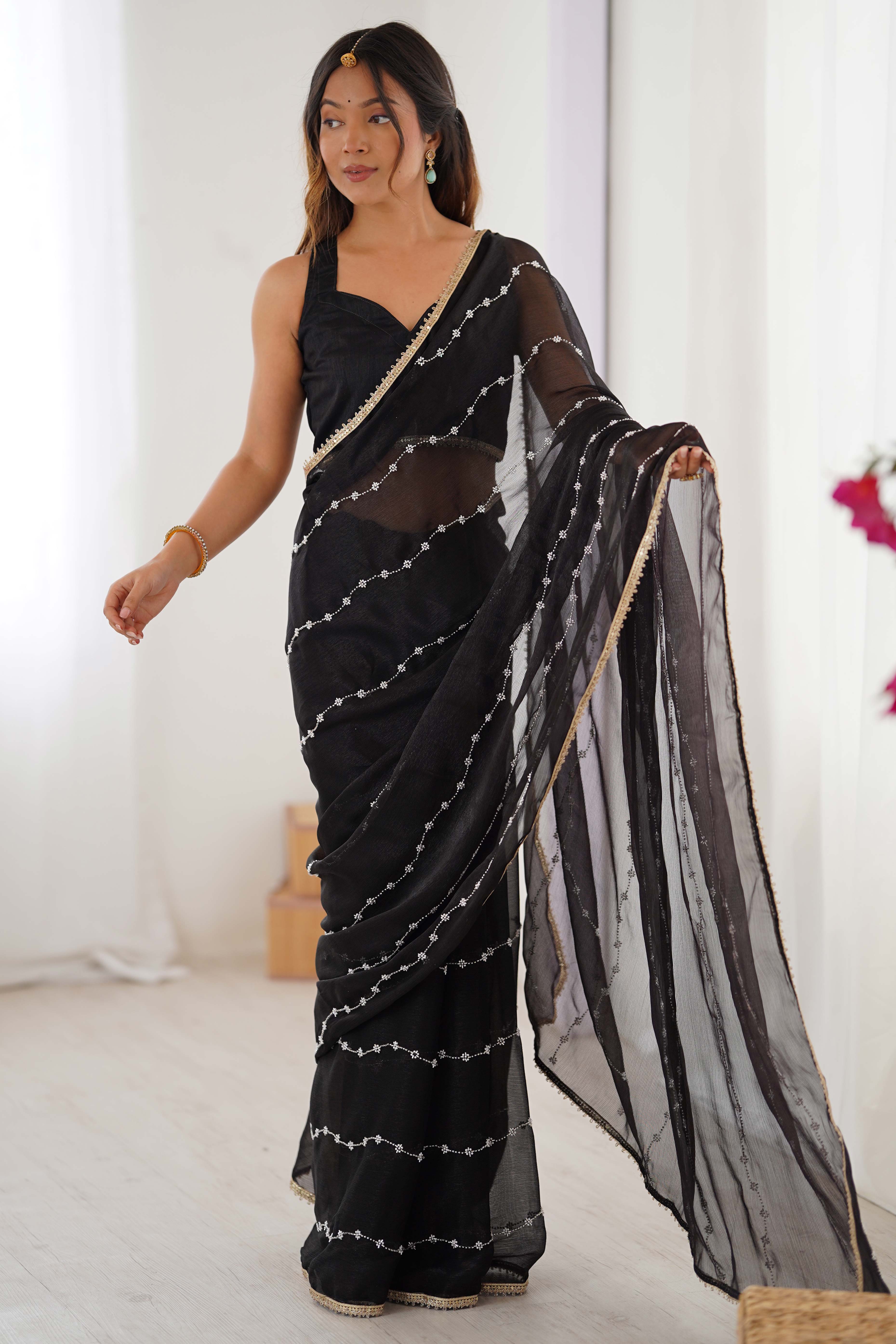 Black Embellished Organza Saree With Delicate Linear Beads & Stones detailing