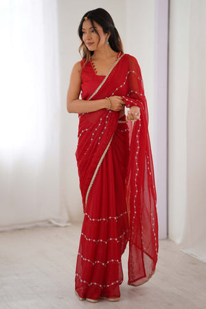 Red Embellished Organza Saree With Delicate Linear Beads & Stones detailing