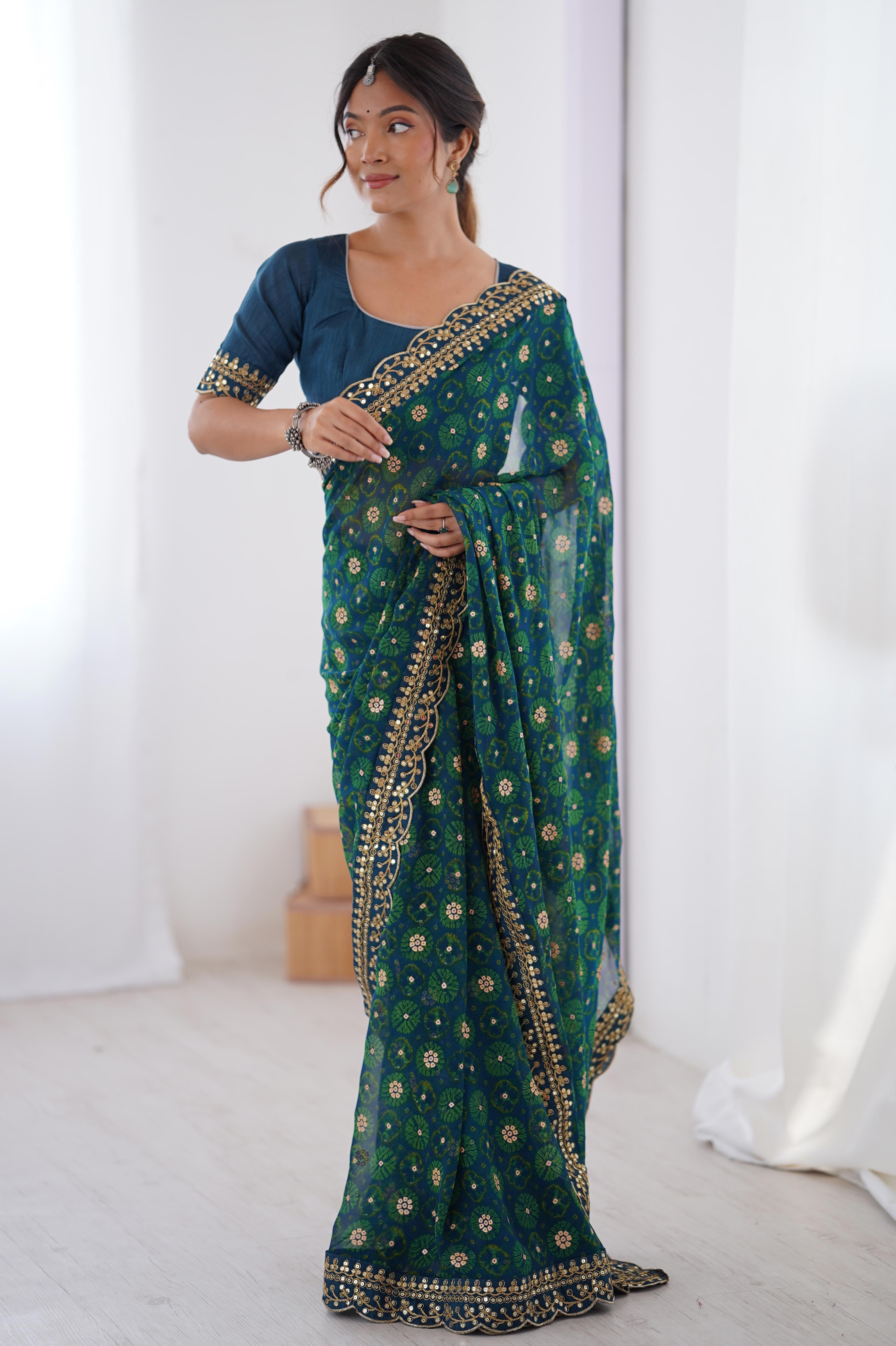 Soft Georgette Blue Saree with Playful Print and Delicate Sequin Lace Work