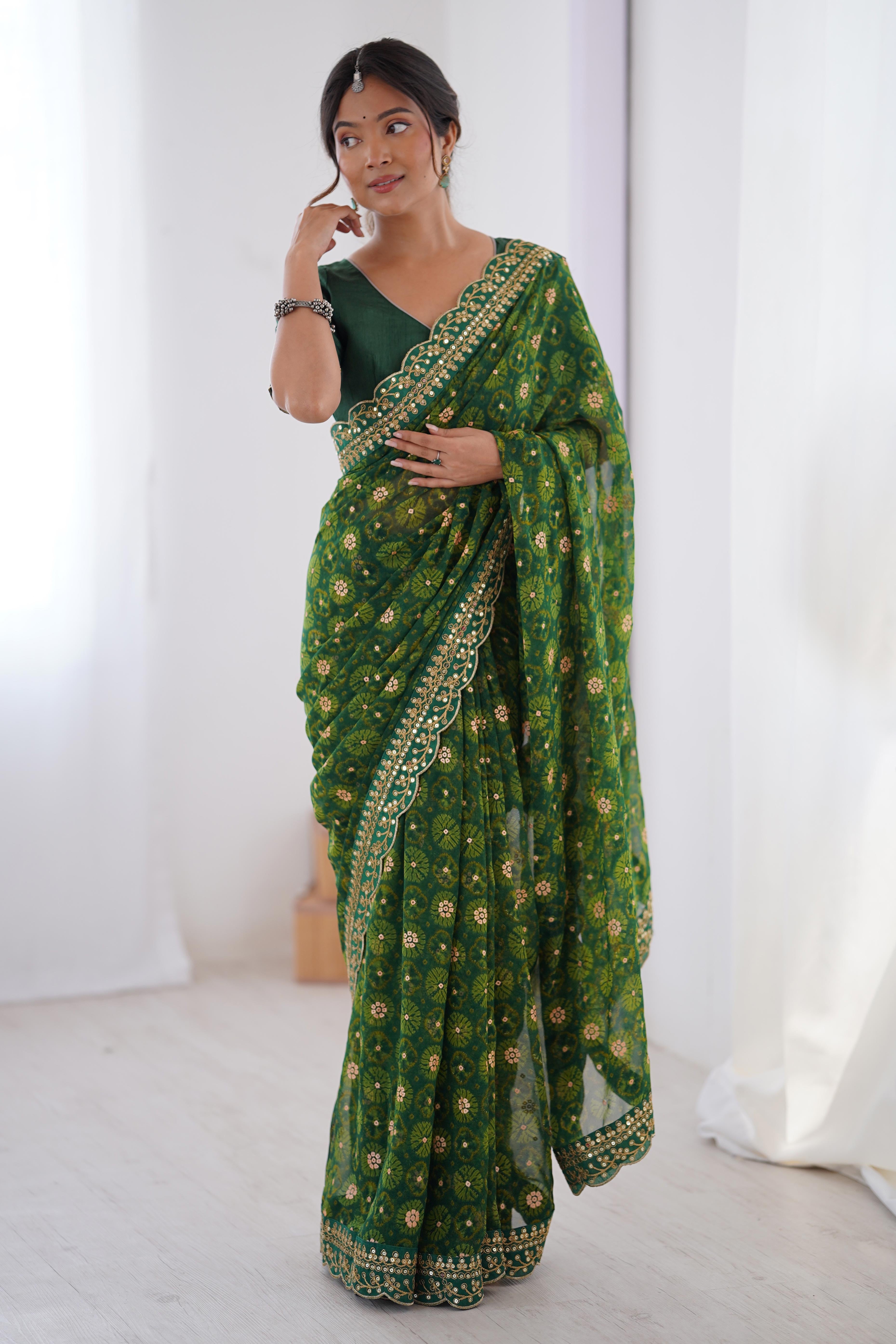Soft Georgette Green Saree with Playful Print and Delicate Sequin Lace Work