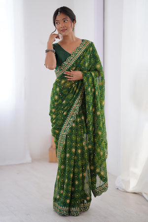 Soft Georgette Green Saree with Playful Print and Delicate Sequin Lace Work