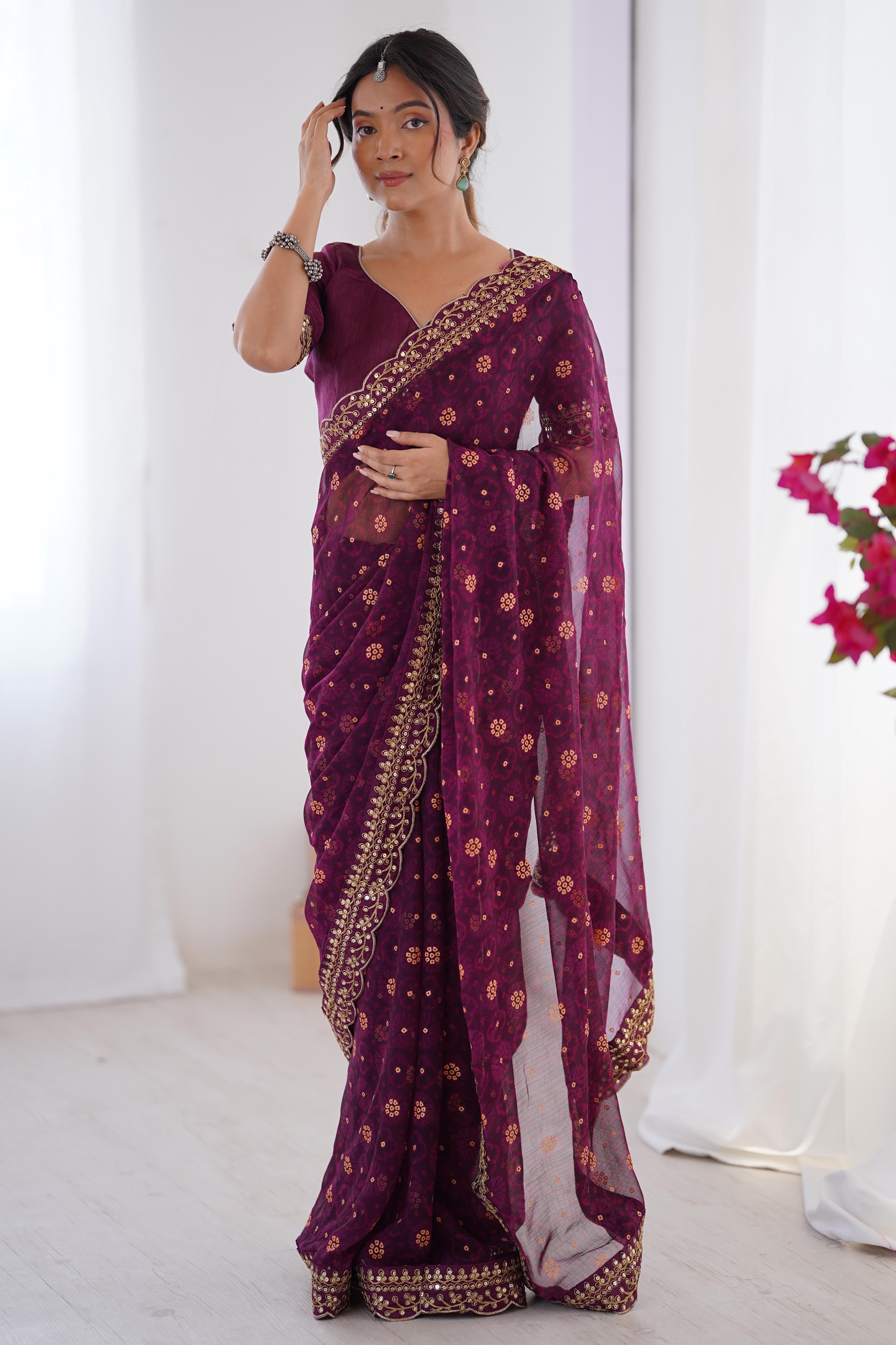 Soft Georgette Wine Saree with Playful Print and Delicate Sequin Lace Work