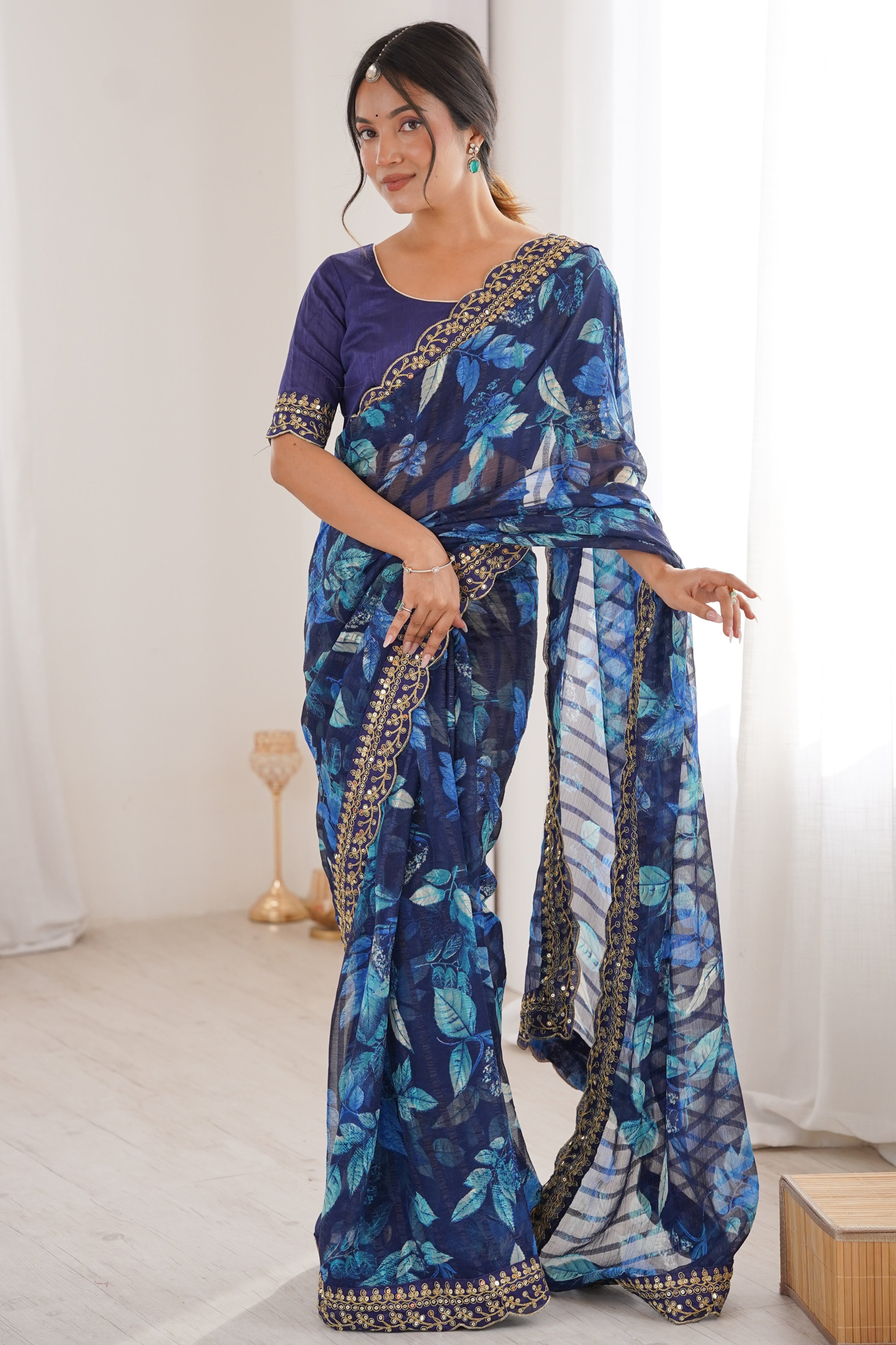 Elegant Blue Leaf & Floral Print Georgette Saree With Intricate Cording Sequins Embroidery Border