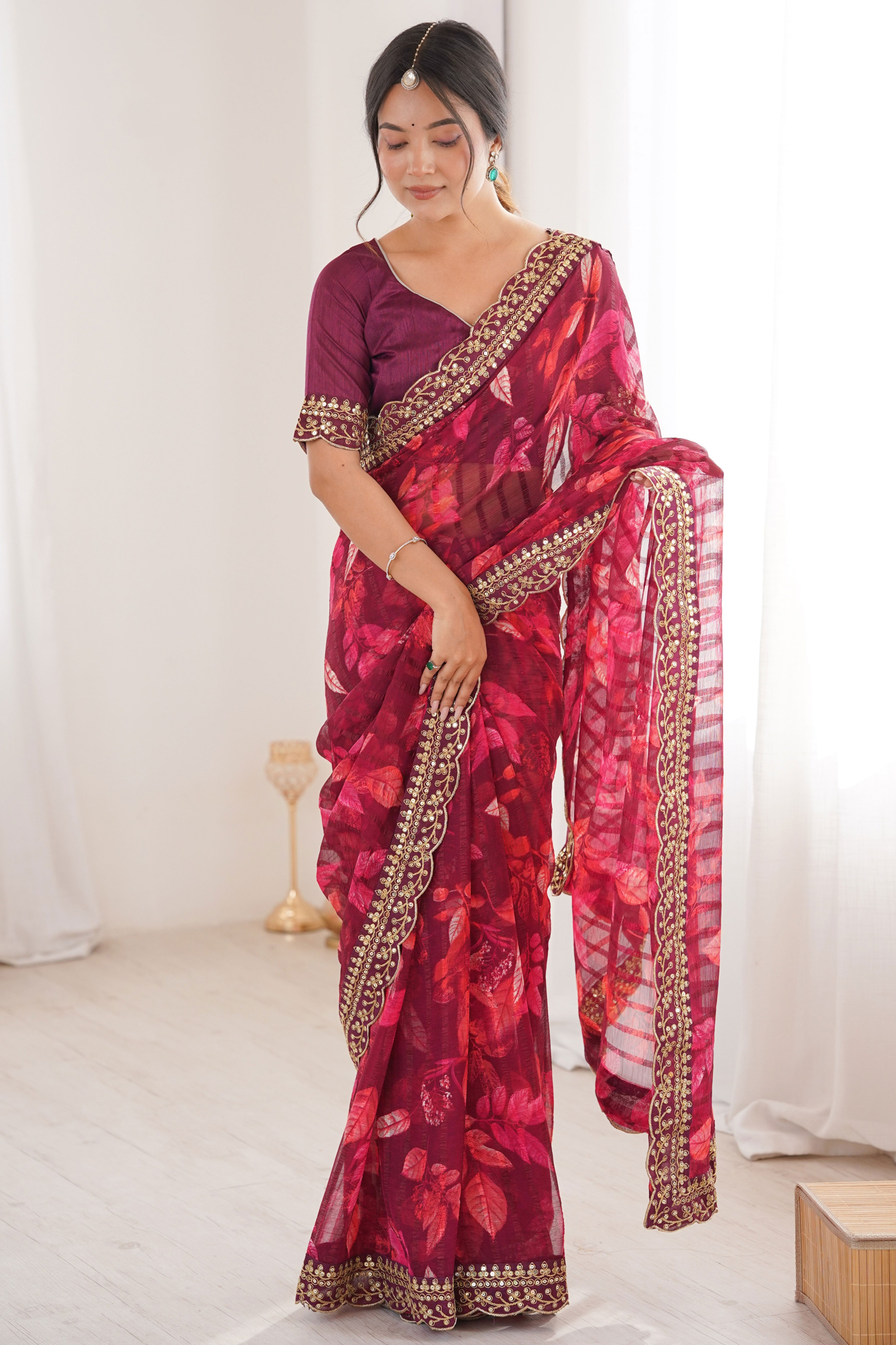 Elegant Wine Leaf & Floral Print Georgette Saree With Intricate Cording Sequins Embroidery Border