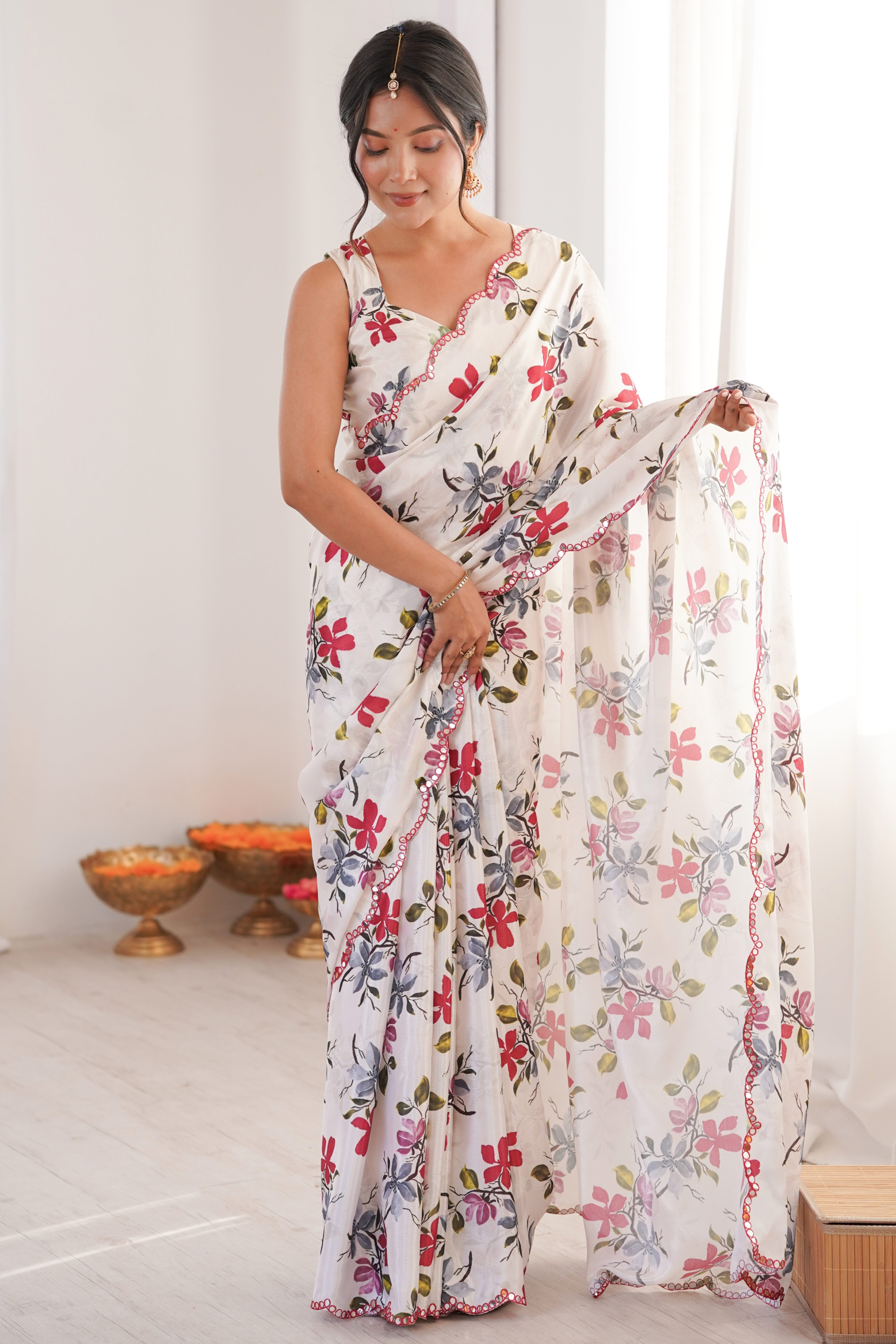 Graceful White Floral Digital Print Chinon Saree With Delicate Embroidered Border Detailing