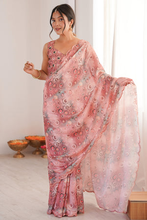 Graceful Pale Pink Digital Print Chinon Saree Featuring A Refined Embroidered Border