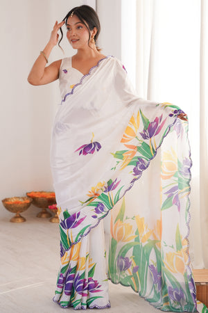Classic White Floral Digital Print Chinon Saree Featuring Artful Embroidered Border Detailing