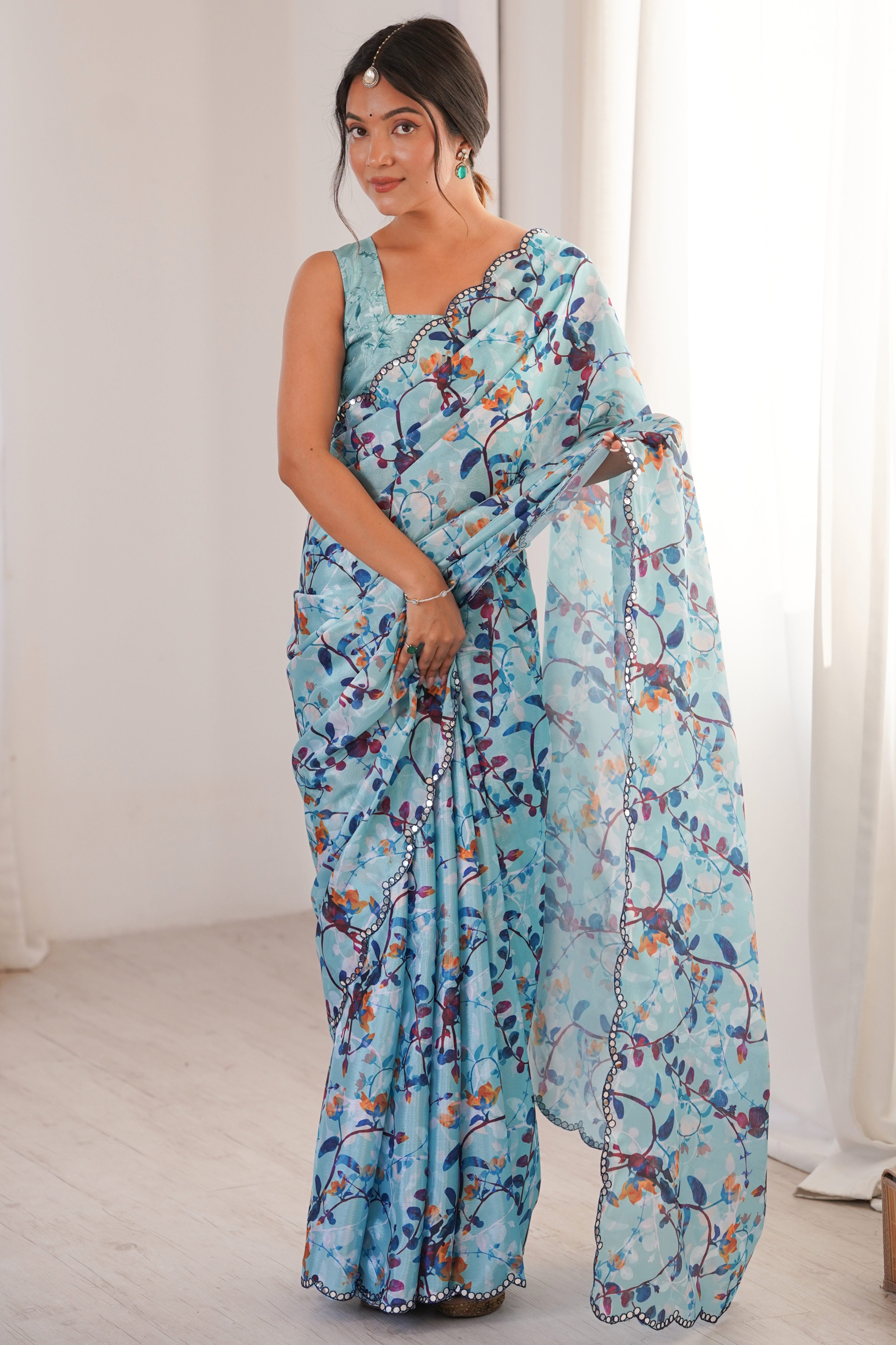 Soft Sky Blue Floral Digital Printed Chinon Saree Enhanced With Premium Embroidered Border Work