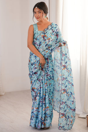 Soft Sky Blue Floral Digital Printed Chinon Saree Enhanced With Premium Embroidered Border Work