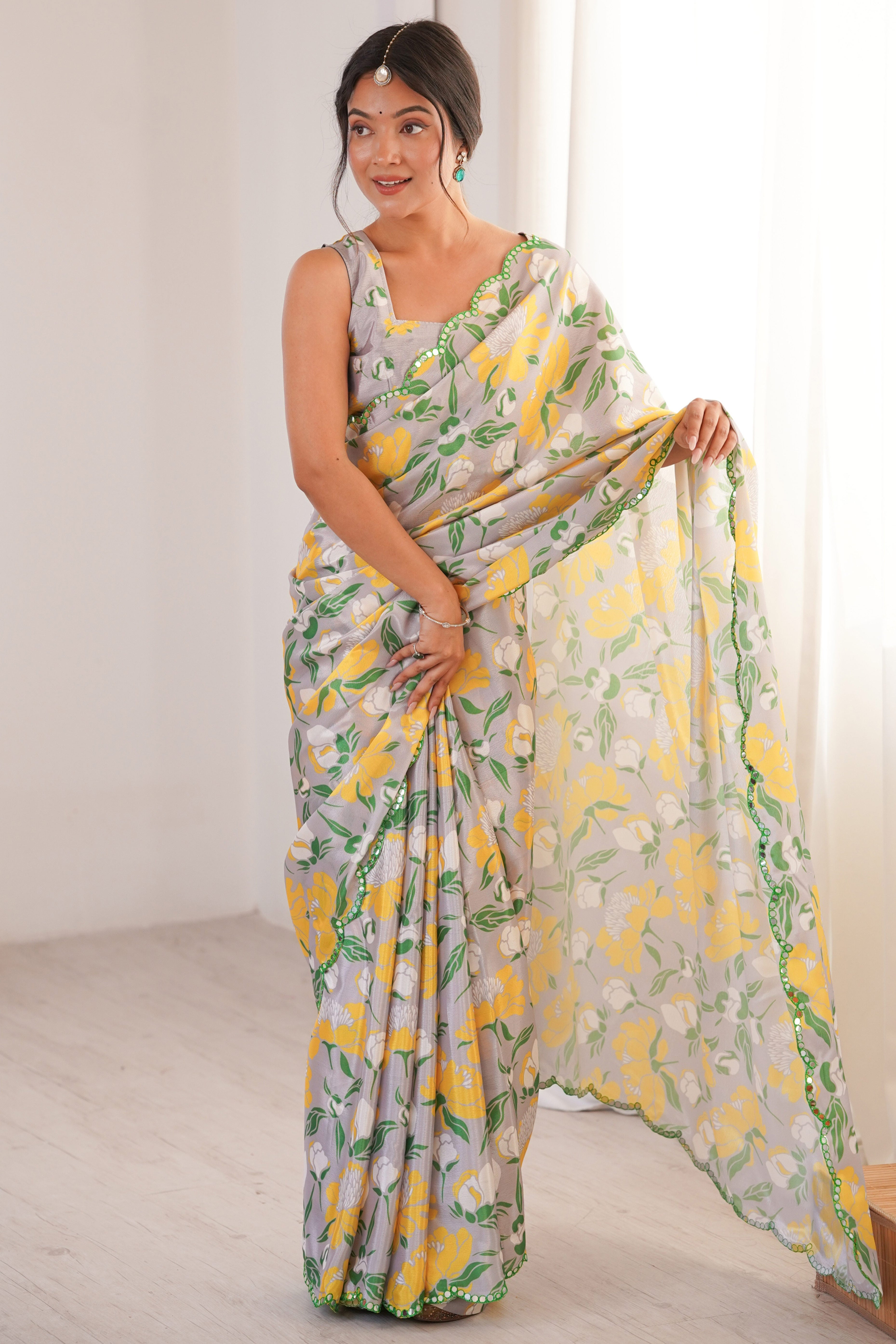 Luxury Grey Floral Digital Printed Chinon Saree Showcasing Elegant Embroidered Border Detailing