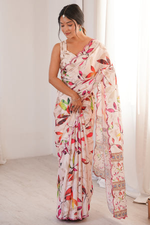 Elegant Offwhite Leaf & Floral Digital Printed Chinon Saree Accented With Embroidered Border
