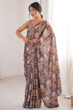 Vibrant Multicolor Geometric Digital Printed Chinon Saree Accented With Exquisite Embroidered Border