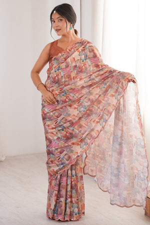 Refined Peach Digital Printed Chinon Saree Showcasing Artistic Embroidered Border Detailing