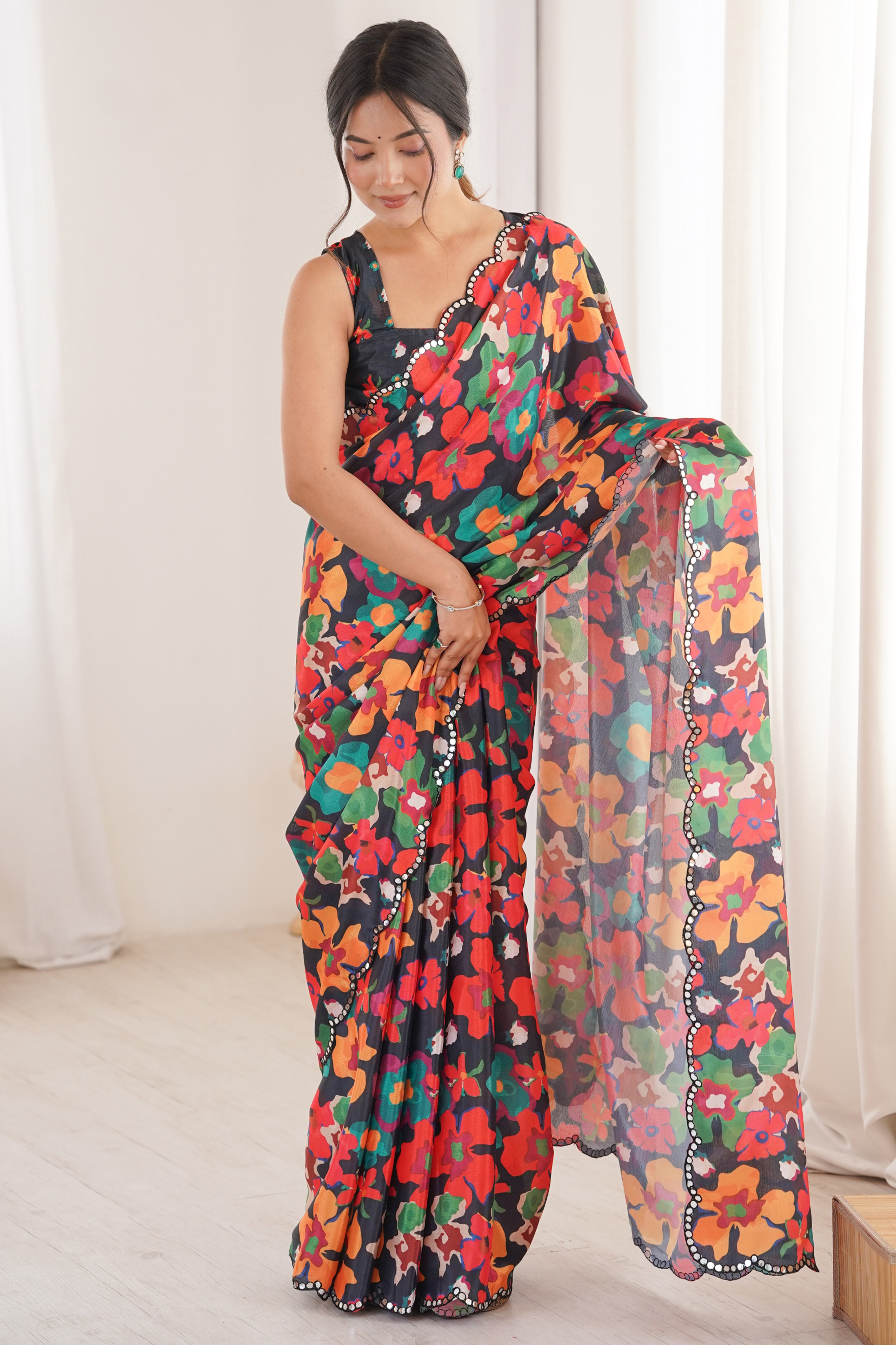 Contemporary Multicolor Floral Digital Printed Chinon Saree With Fine Embroidered Border