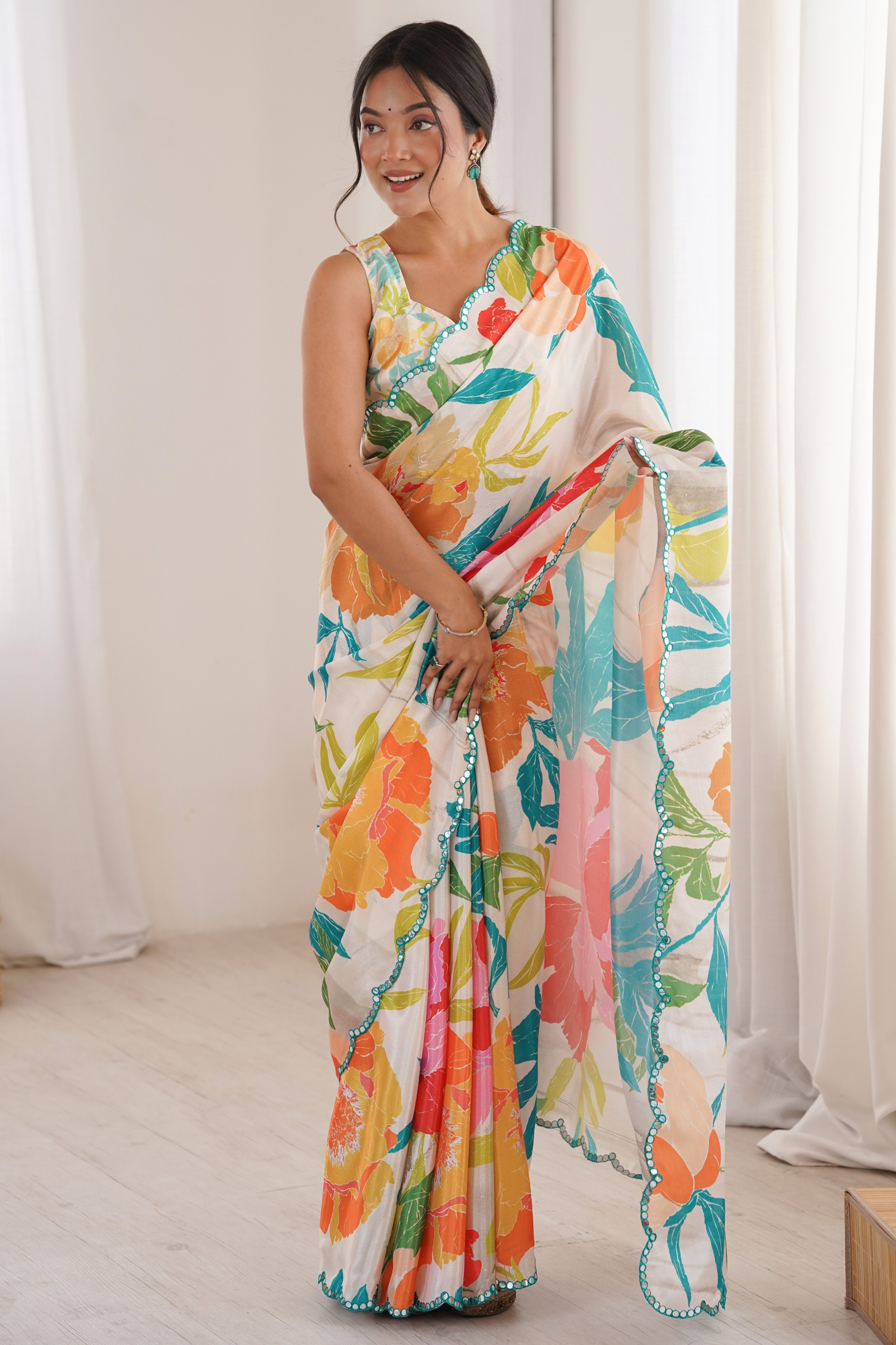 Chic Multicolor Floral Digital Printed Chinon Saree With Handcrafted Embroidered Border Elegance