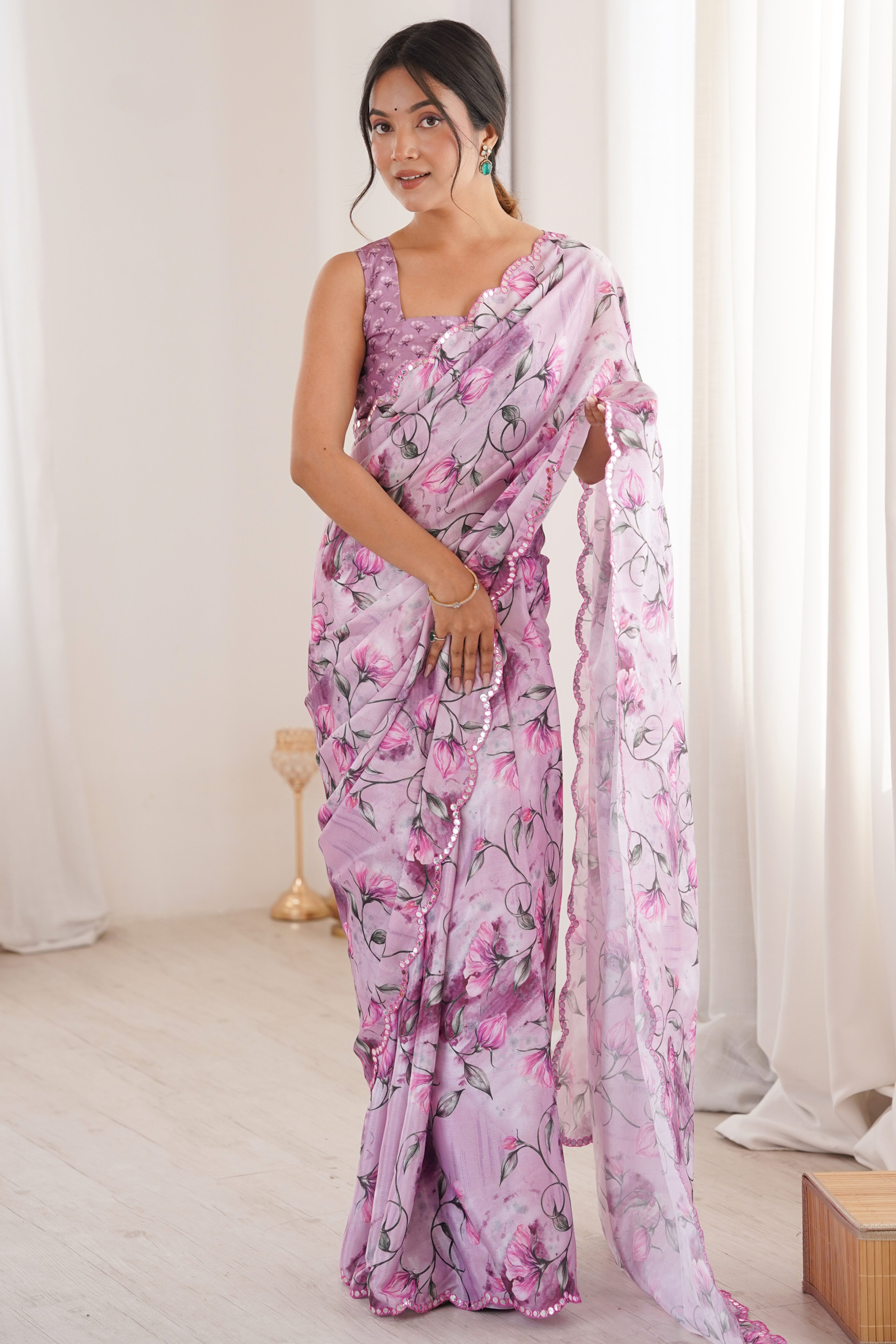 Graceful Light Purple Floral Digital Printed Chinon Saree Highlighted By Delicate Embroidered Border