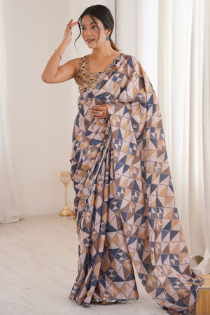 Opulent Multicolor Geometric Digital Printed Chinon Saree Enhanced With Premium Embroidered Border