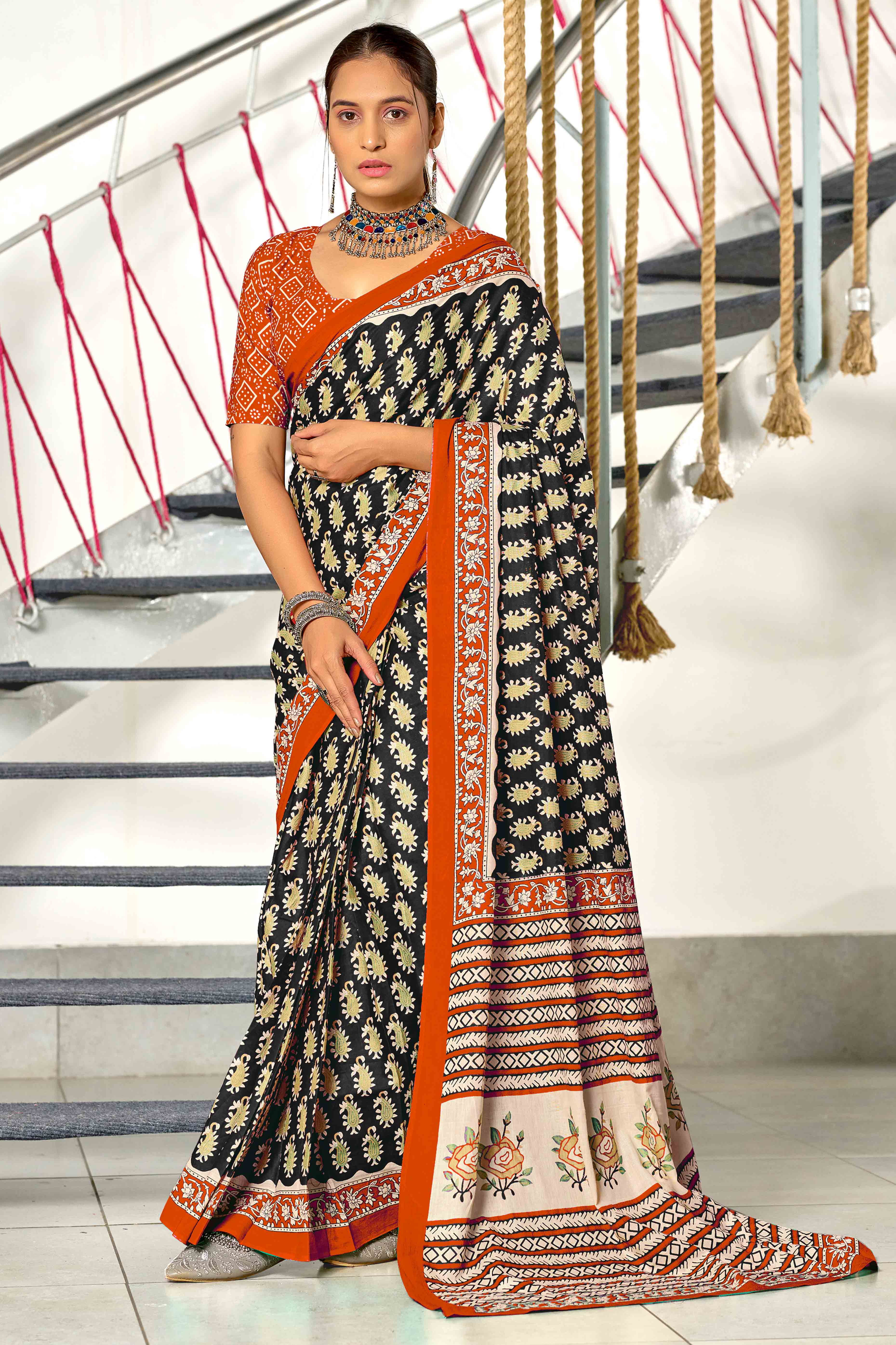 Black & Orange Hand Block Printed Pure Cotton Saree For Casual Wear