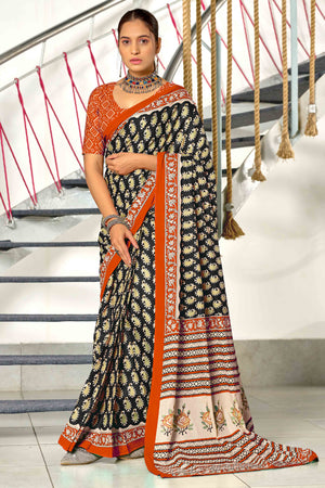 Black & Orange Hand Block Printed Pure Cotton Saree For Casual Wear