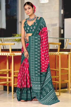 Teal Blue & Pink Soft Cotton Saree with Charming Floral Design